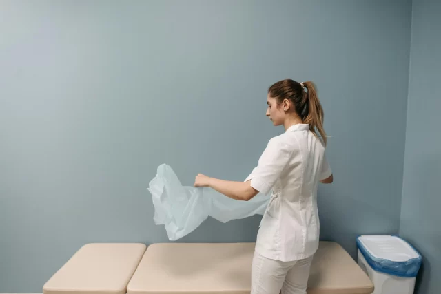 A healthcare professional preparing an examination table to improve Patient Satisfaction in Healthcare.