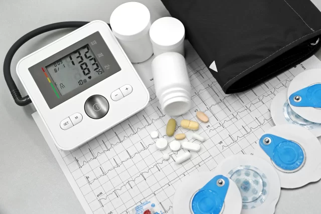 Digital blood pressure monitor, EKG strip, and scattered medication representing MTM pharmacy services.