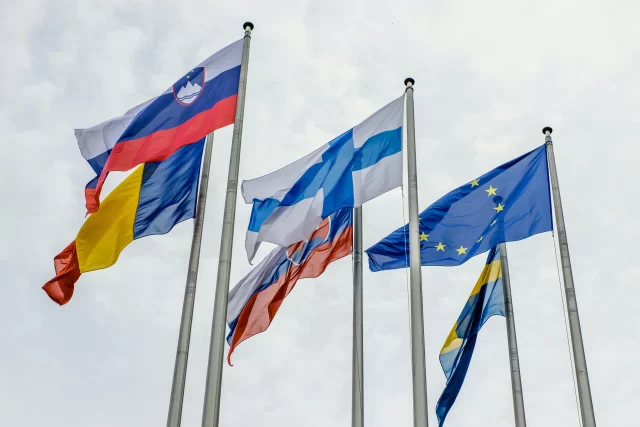Flags of Slovenia, Finland, and the European Union flying against a cloudy sky for an anonymous case study.