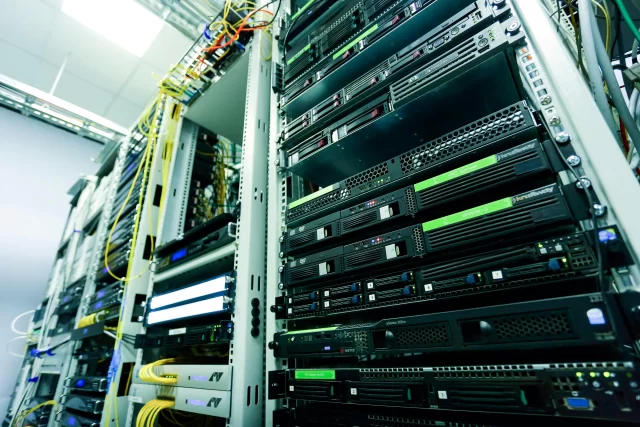 Server racks in a data center used for effective management in health information infrastructure.