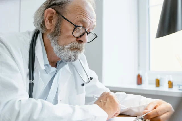 Senior doctor reviewing patient documents to support Cost Reduction in Healthcare Operations.
