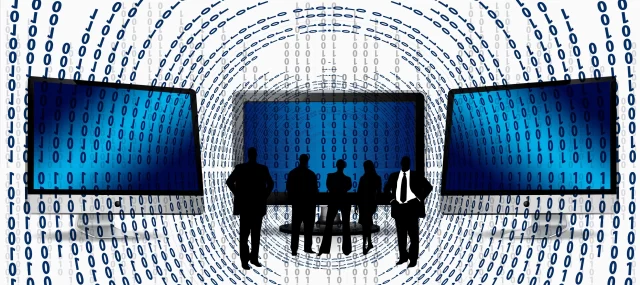 Silhouettes of professionals analyzing digital data flows for the Electronic prescription service in Switzerland.