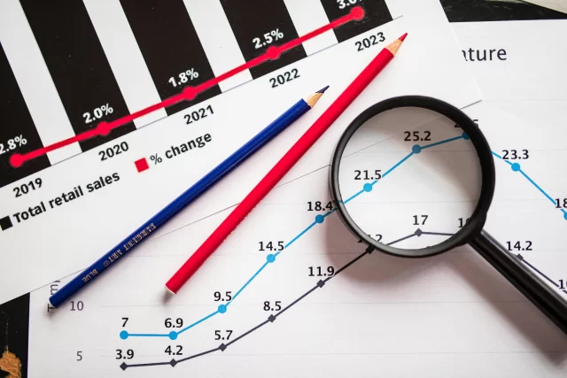Close-up of analytical charts tracking performance data for the International Medical Group in Switzerland.