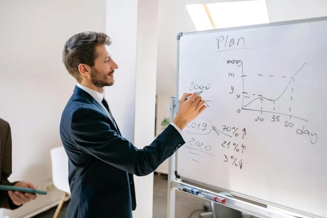 A business professional presents a growth strategy chart for an International Medical Group in Switzerland.