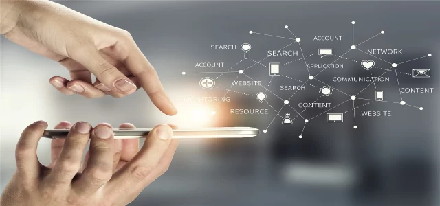Hands interacting with a smartphone displaying a digital network graph, illustrating medical information management for Lucerne.