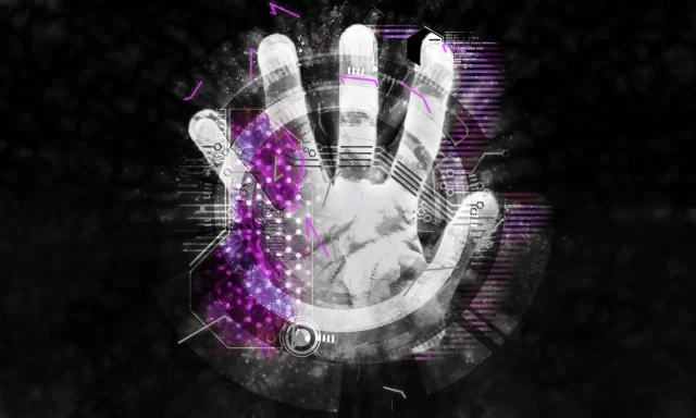 Digital handprint interface visualizing secure healthcare information management in Basel.
