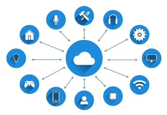 A central cloud icon connected to various technology devices, representing Health Info Management in Zürich.