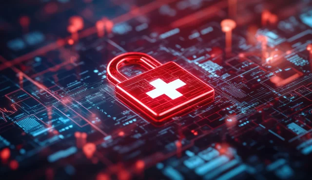 A glowing red padlock featuring a white cross, symbolizing secure protection for a Swiss HEDIS chart.