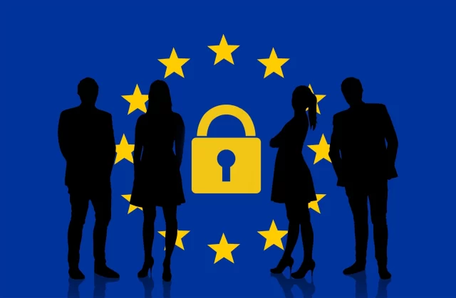 Silhouettes of professionals positioned against the European Union flag with a padlock, referencing the Swiss HEDIS chart.
