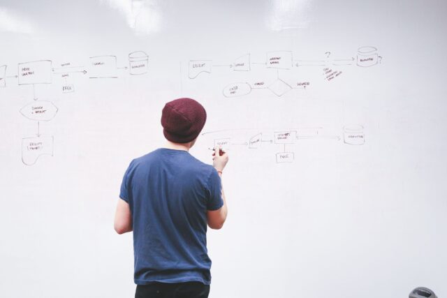A developer mapping out technical workflows for a Swiss telehealth automation system on a whiteboard.