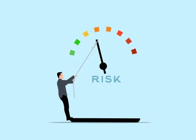 A businessman pulls a rope to adjust a gauge labeled risk, illustrating Switzerland's HIM strategy.