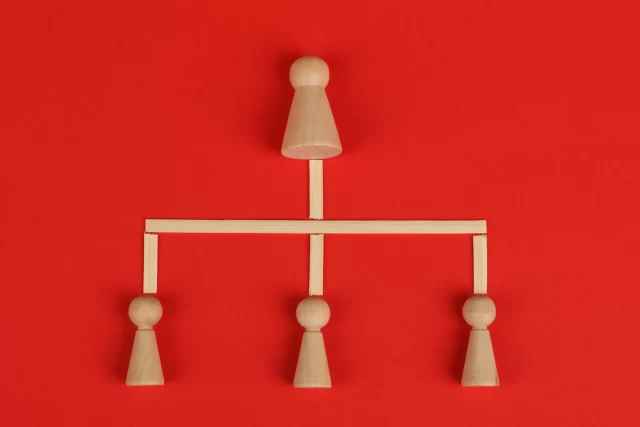 Wooden peg dolls arranged in a hierarchical organizational chart to represent Switzerland's HIM.