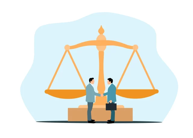 Two business people shaking hands in front of a scale, representing compliance with the medical devices ordinance in Switzerland.